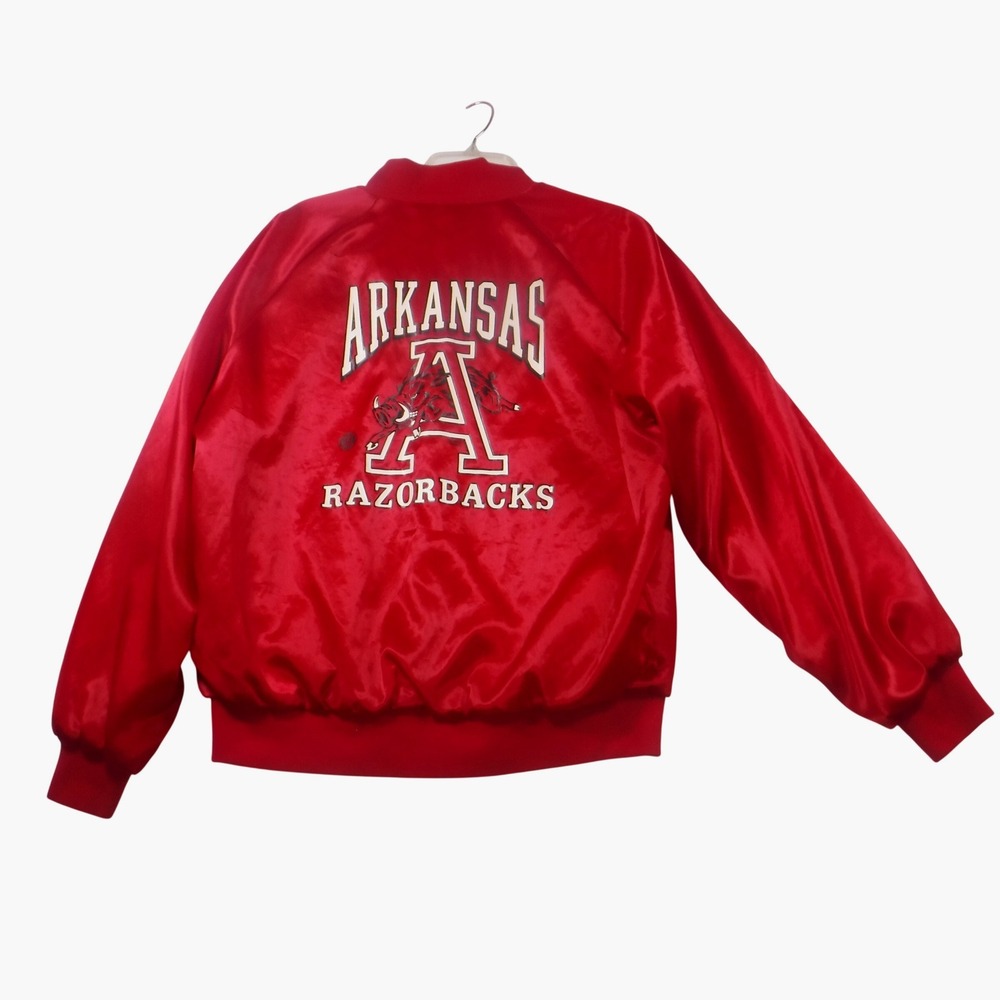 Vintage WestArk Arkansas Razorbacks‎ Satin Bomber Jacket Red Mens L Made in USA